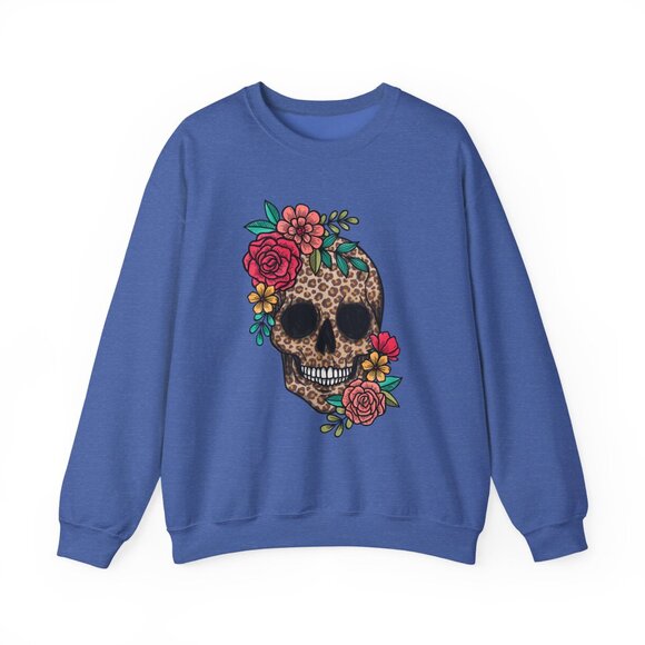 Skull with Vibrant Flowers Unisex Gildan Sweatshirt Crewneck - Picture 4 of 13